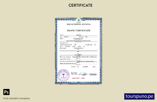 listo para imprimir plantilla psd de certificado de defunción de Guinea Ecuatori